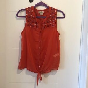 Lucky Brand Red Patterned Button Down Blouse